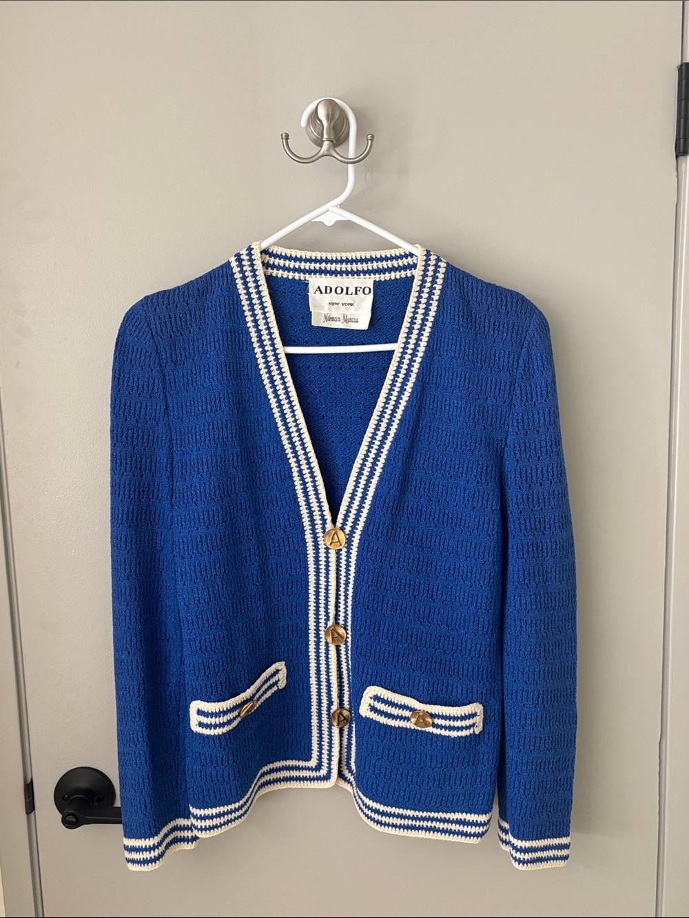Vintage Adolfo Navy Blue Knit Cardigan with White Trim